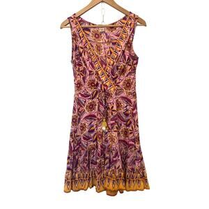 Lola P. Boho Pink Orange Purple V-Neck Sleeveless Floral Summer Dress Small